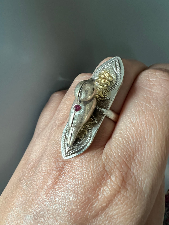 Chidiya 925 Silver Adjustable Ring | Dual Tone with Red Stone