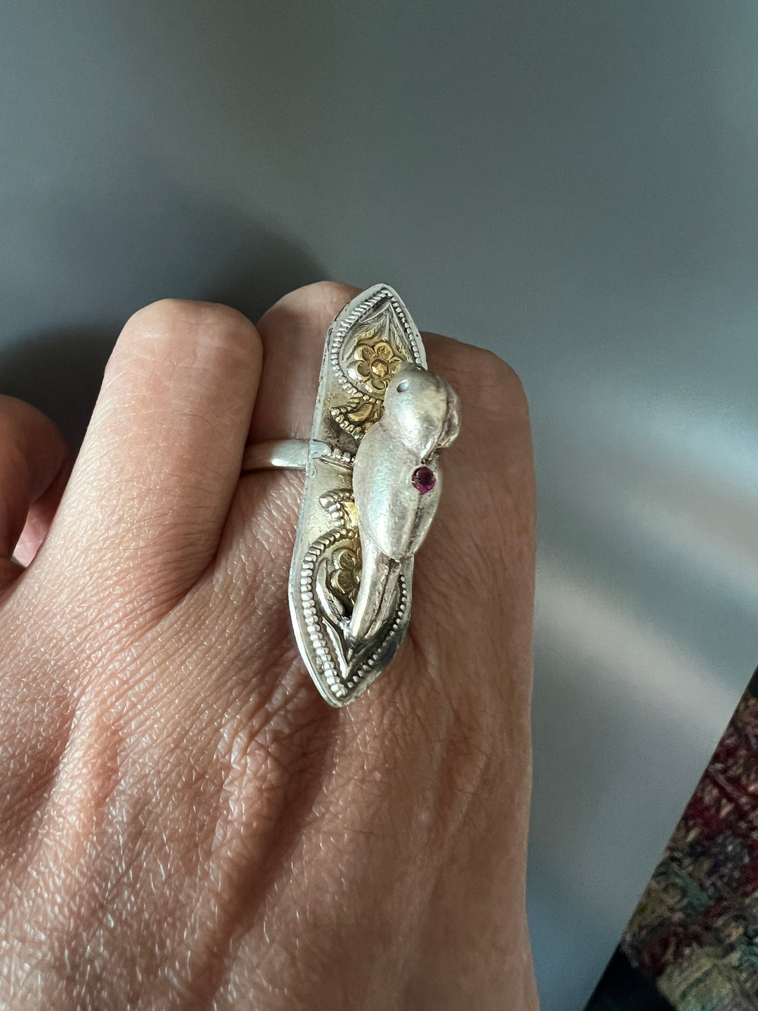 Chidiya 925 Silver Adjustable Ring | Dual Tone with Red Stone