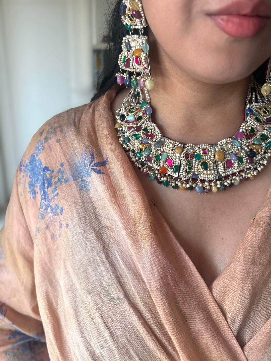 Handmade 925 Silver Nakhra Gemstone Necklace Set | SHIVKA