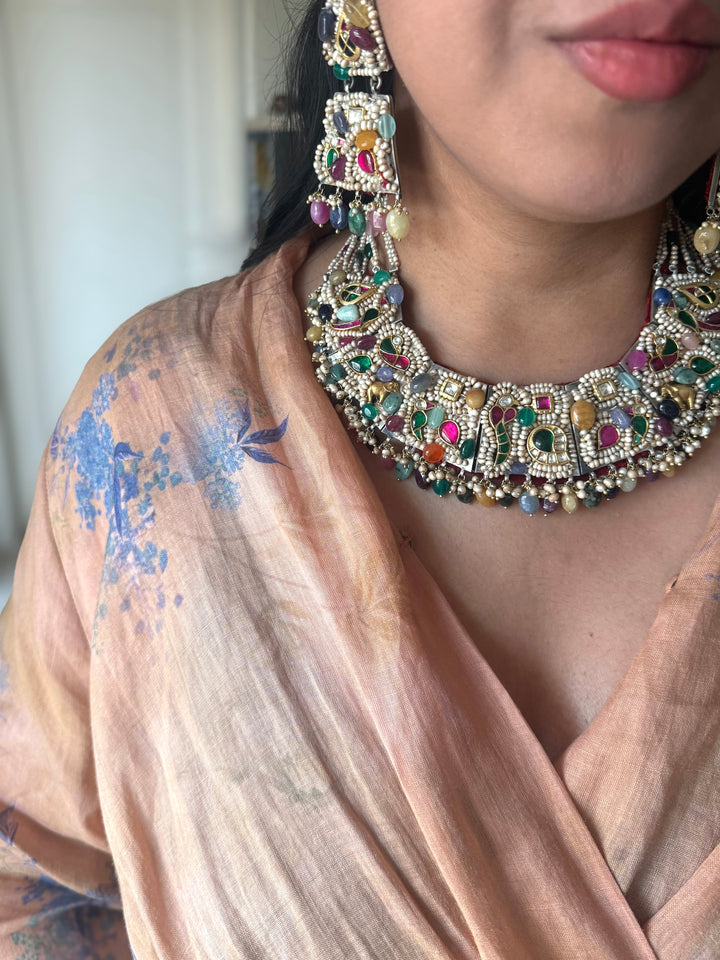 Handmade 925 Silver Nakhra Gemstone Necklace Set | SHIVKA