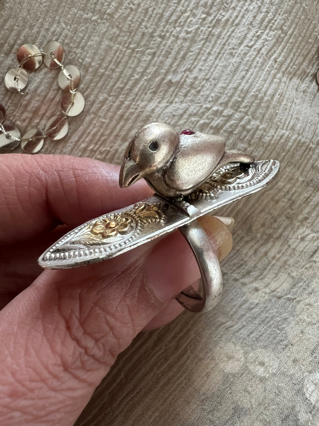 Chidiya 925 Silver Adjustable Ring | Dual Tone with Red Stone