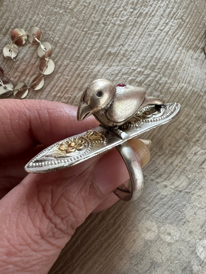 Chidiya 925 Silver Adjustable Ring | Dual Tone with Red Stone