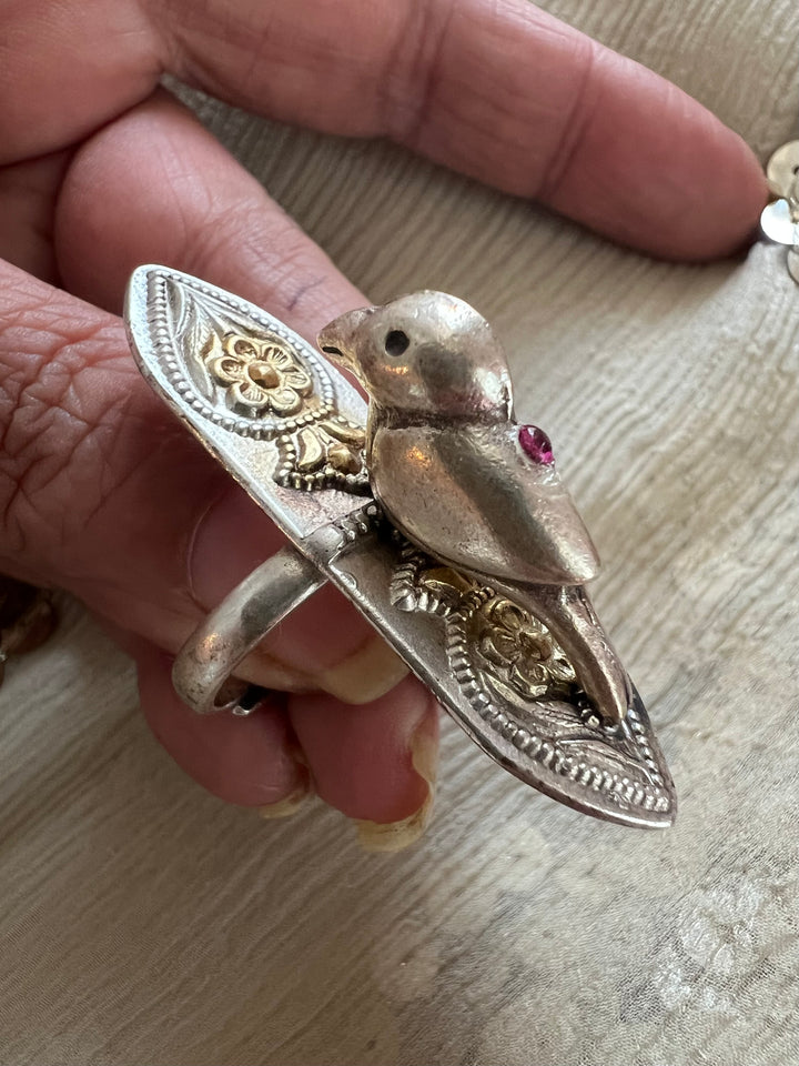 Chidiya 925 Silver Adjustable Ring | Dual Tone with Red Stone