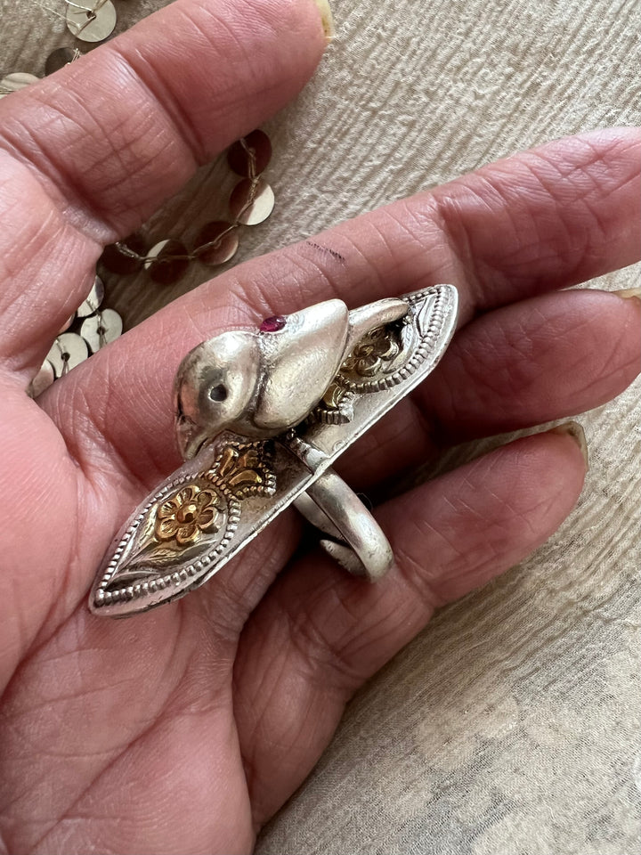 Chidiya 925 Silver Adjustable Ring | Dual Tone with Red Stone