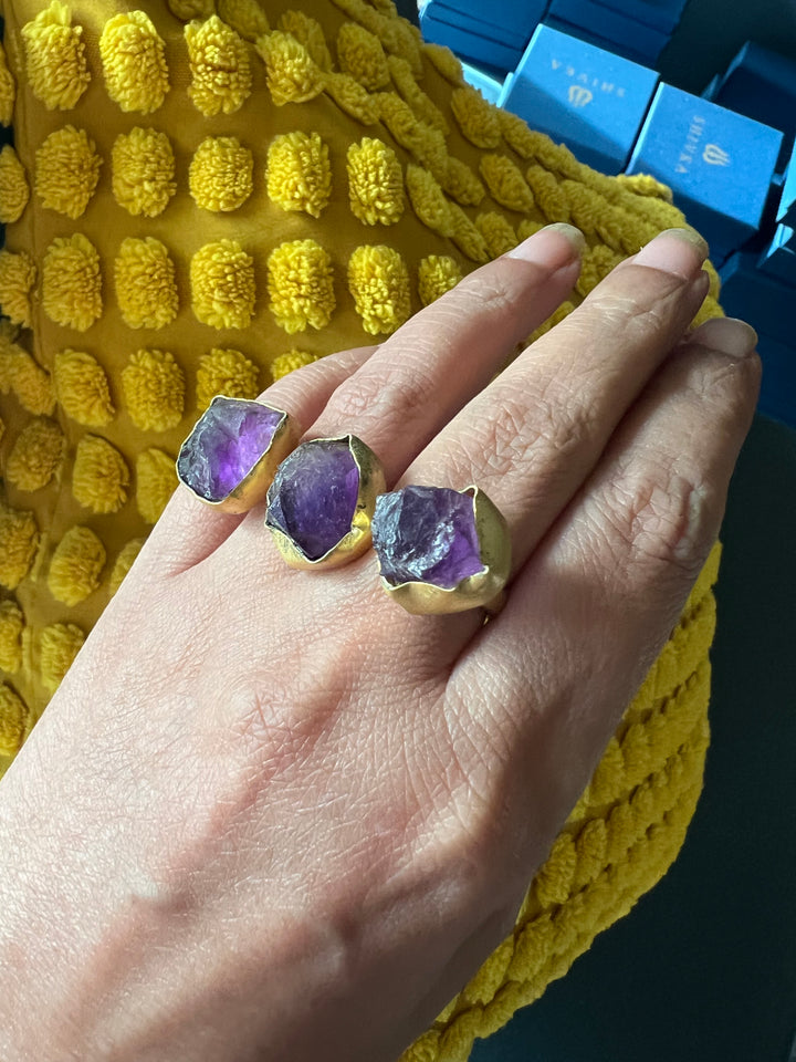 Double Finger Amethyst Ring | Adjustable Gold Polish Statement
