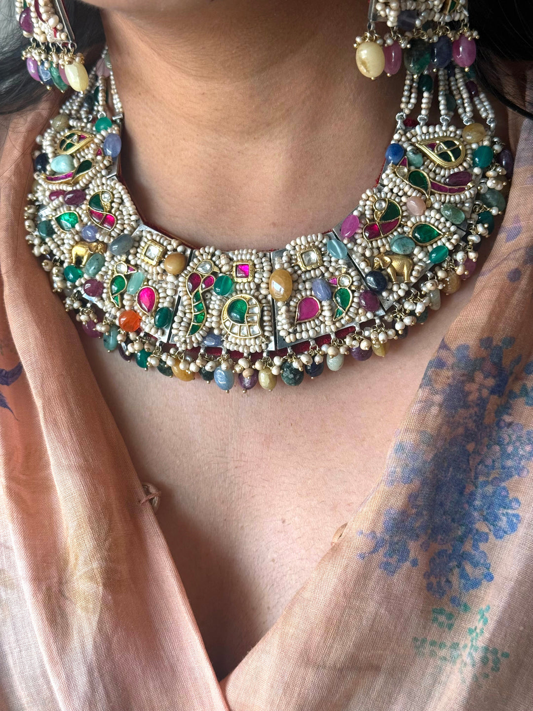 Handmade 925 Silver Nakhra Gemstone Necklace Set | SHIVKA