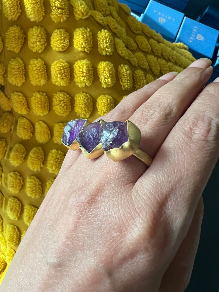 Double Finger Amethyst Ring | Adjustable Gold Polish Statement