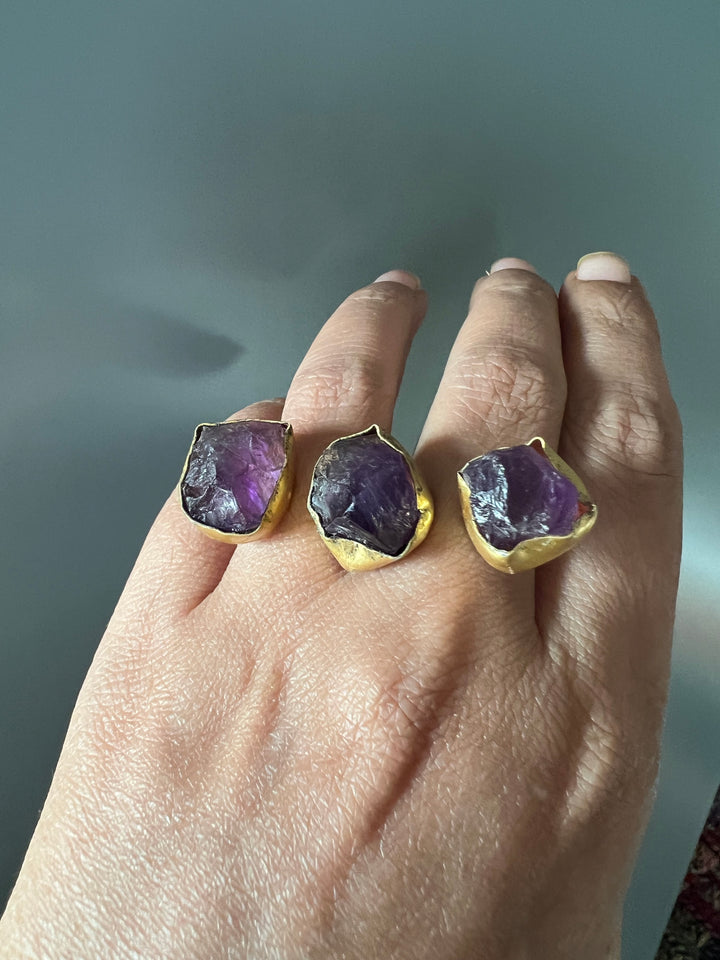 Double Finger Amethyst Ring | Adjustable Gold Polish Statement