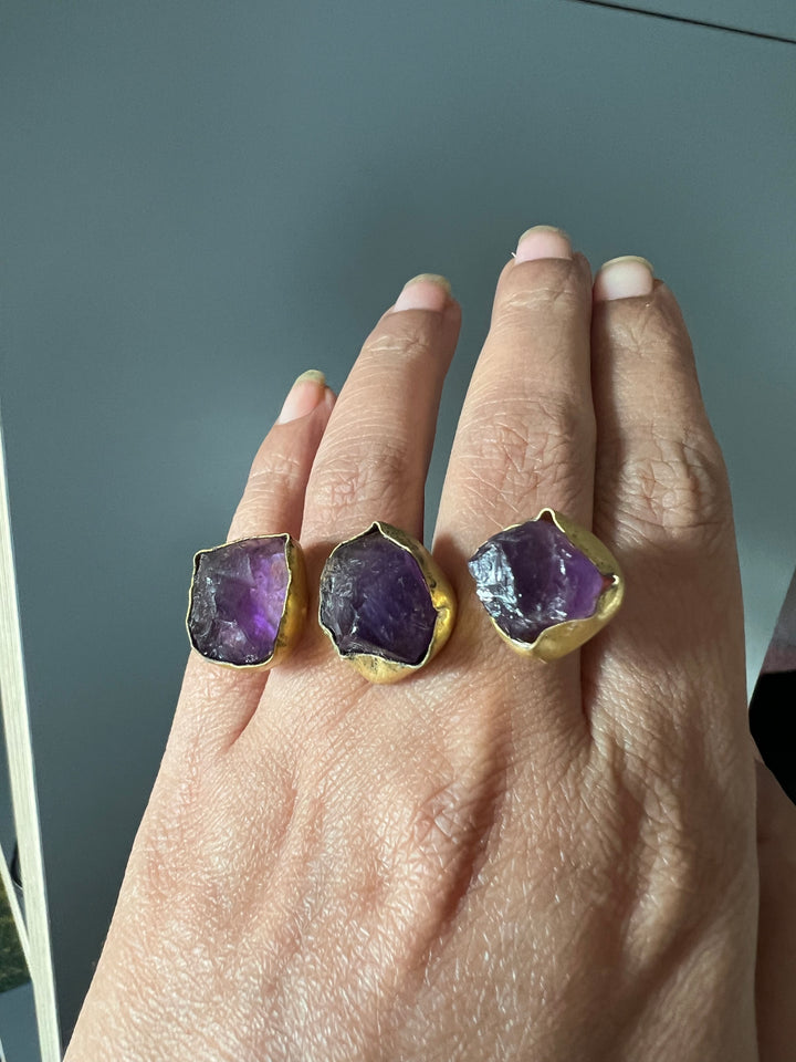 Double Finger Amethyst Ring | Adjustable Gold Polish Statement