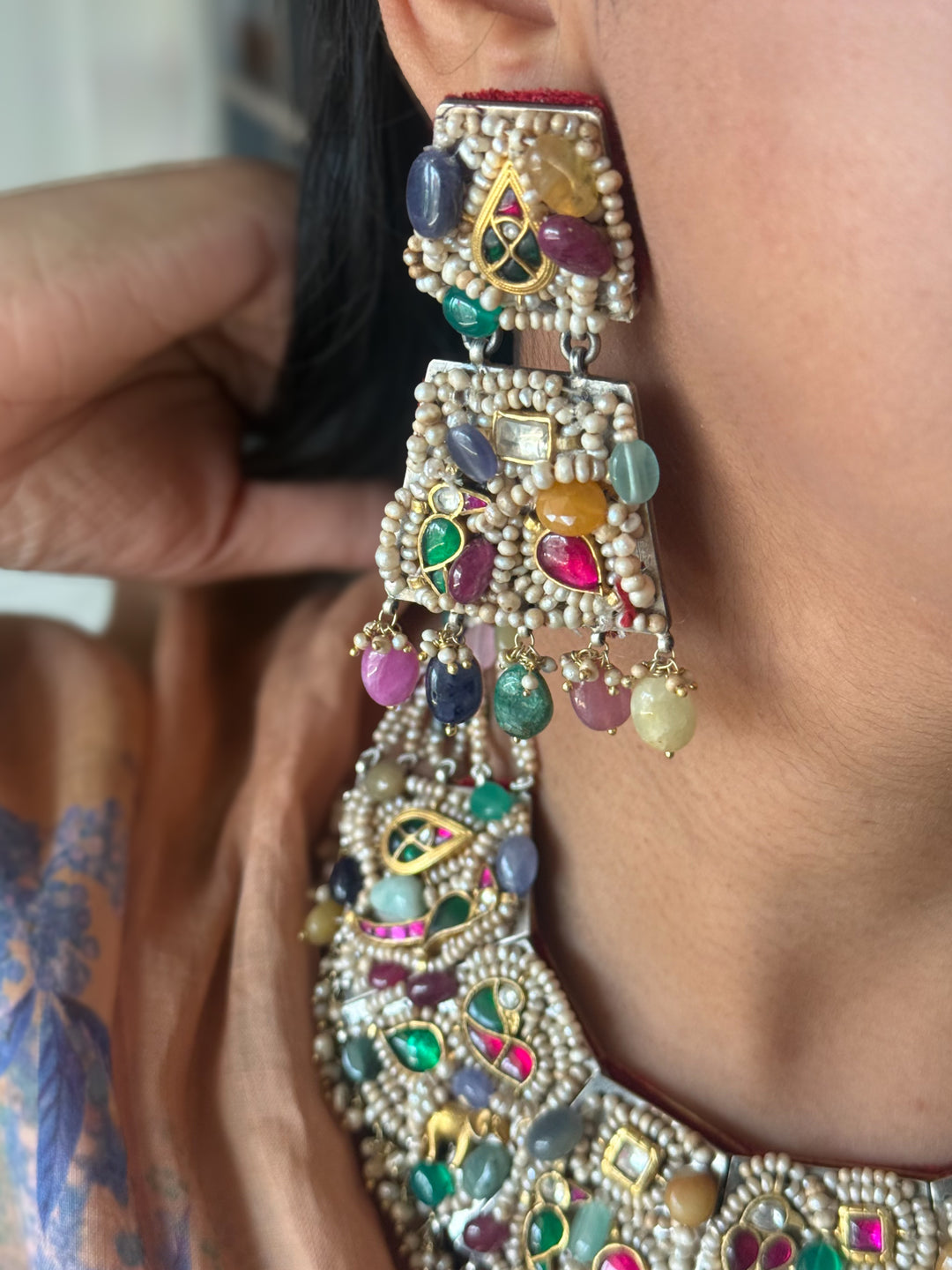 Handmade 925 Silver Nakhra Gemstone Necklace Set | SHIVKA
