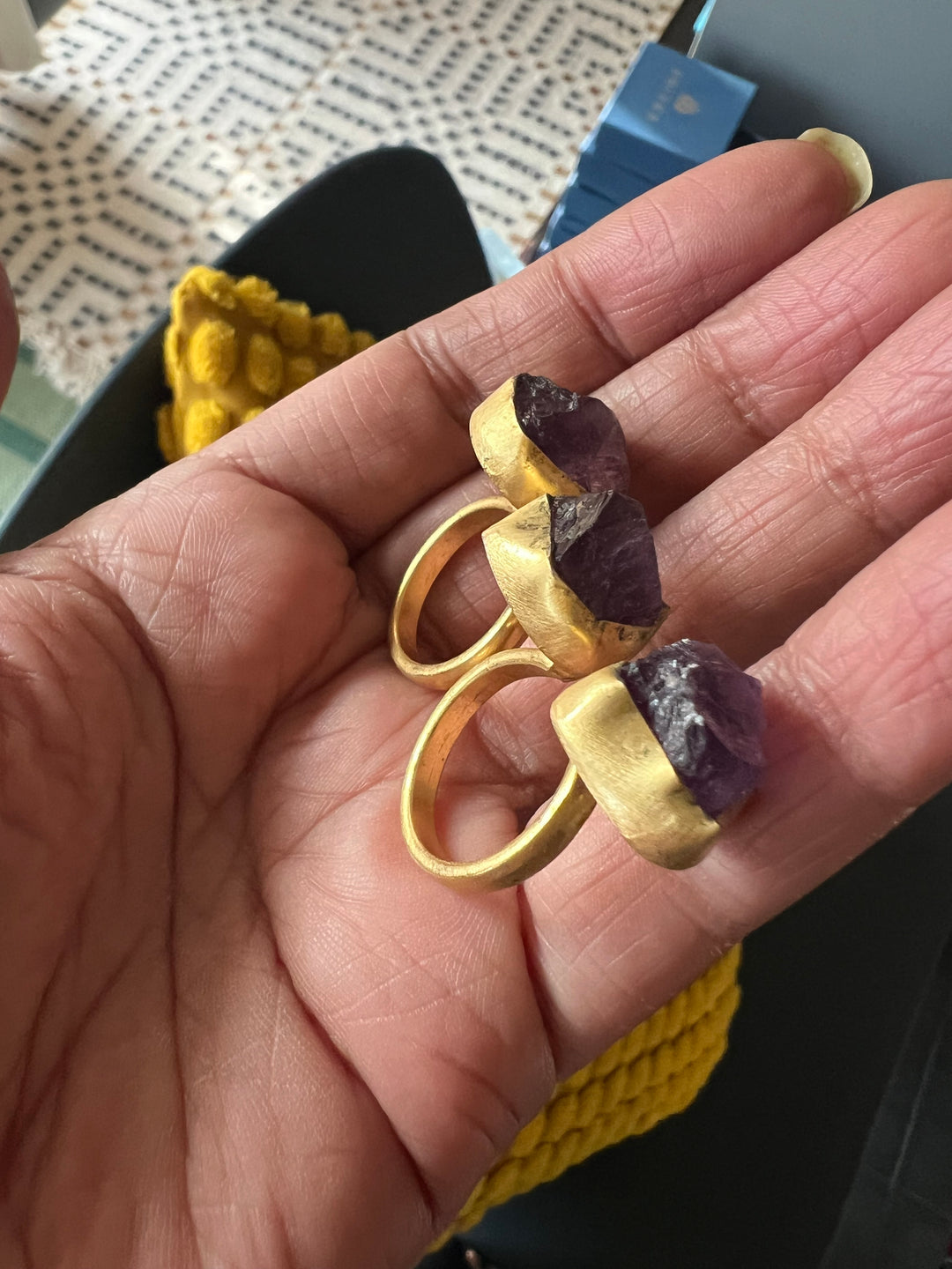 Double Finger Amethyst Ring | Adjustable Gold Polish Statement