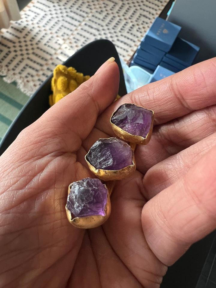 Double Finger Amethyst Ring | Adjustable Gold Polish Statement