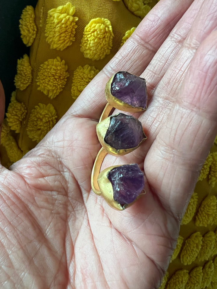 Double Finger Amethyst Ring | Adjustable Gold Polish Statement