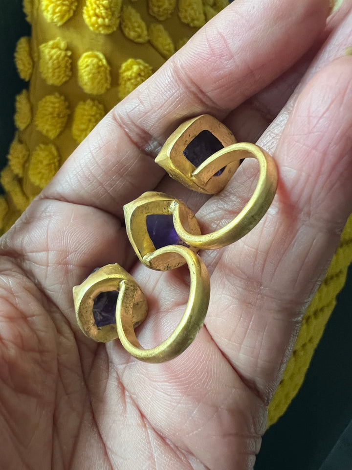 Double Finger Amethyst Ring | Adjustable Gold Polish Statement