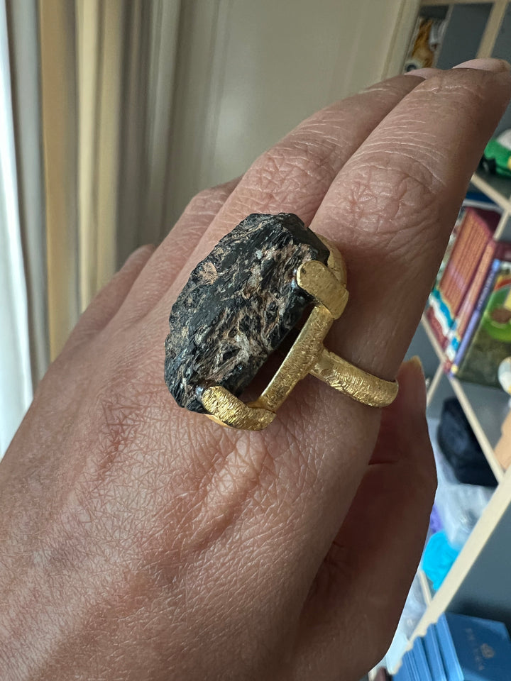 Adjustable Brown Quartz Ring | Natural Stone | Gold Polish