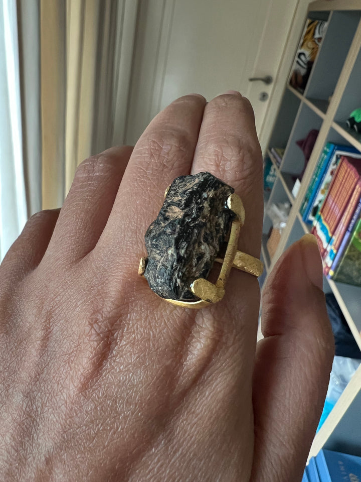 Adjustable Brown Quartz Ring | Natural Stone | Gold Polish