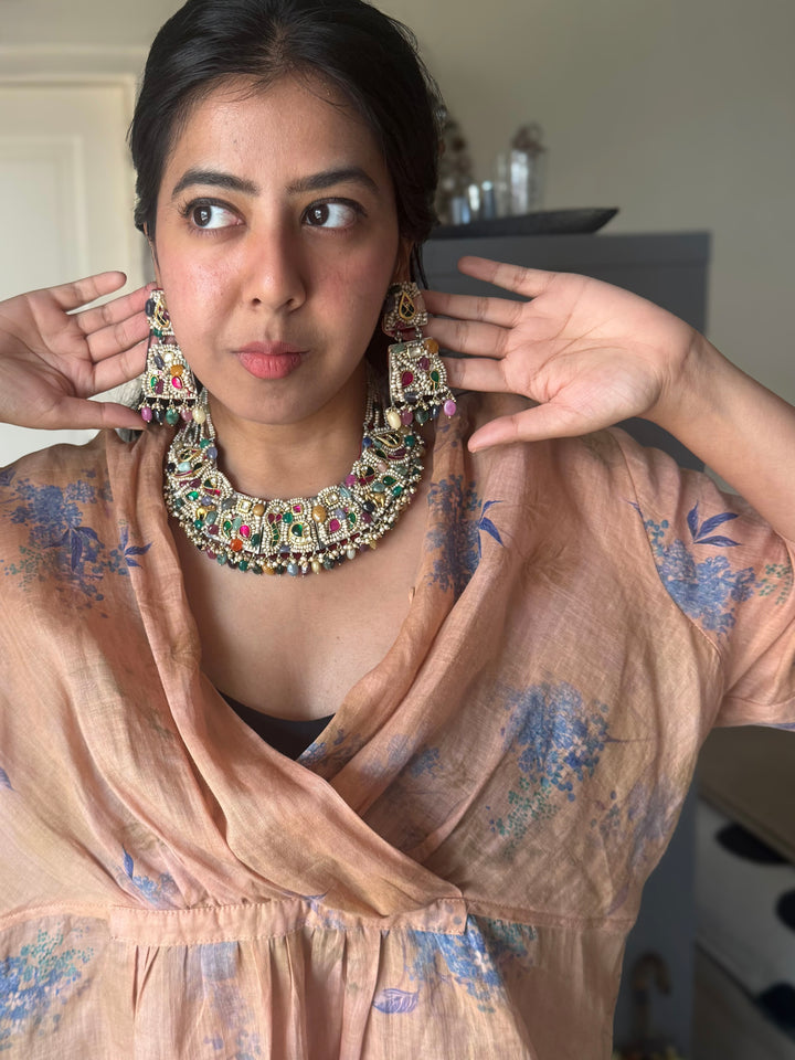 Handmade 925 Silver Nakhra Gemstone Necklace Set | SHIVKA