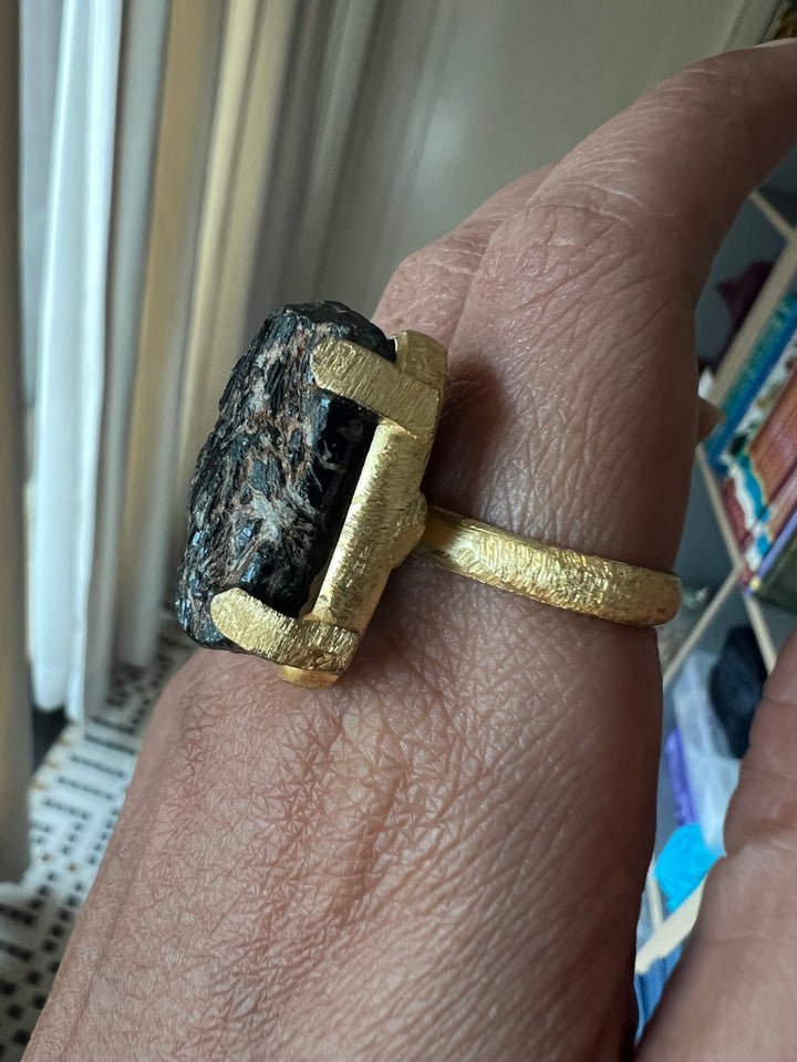 Adjustable Brown Quartz Ring | Natural Stone | Gold Polish