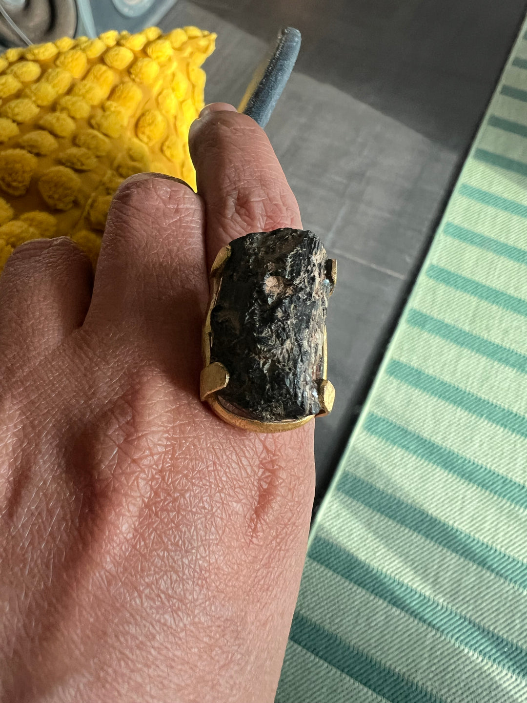 Adjustable Brown Quartz Ring | Natural Stone | Gold Polish