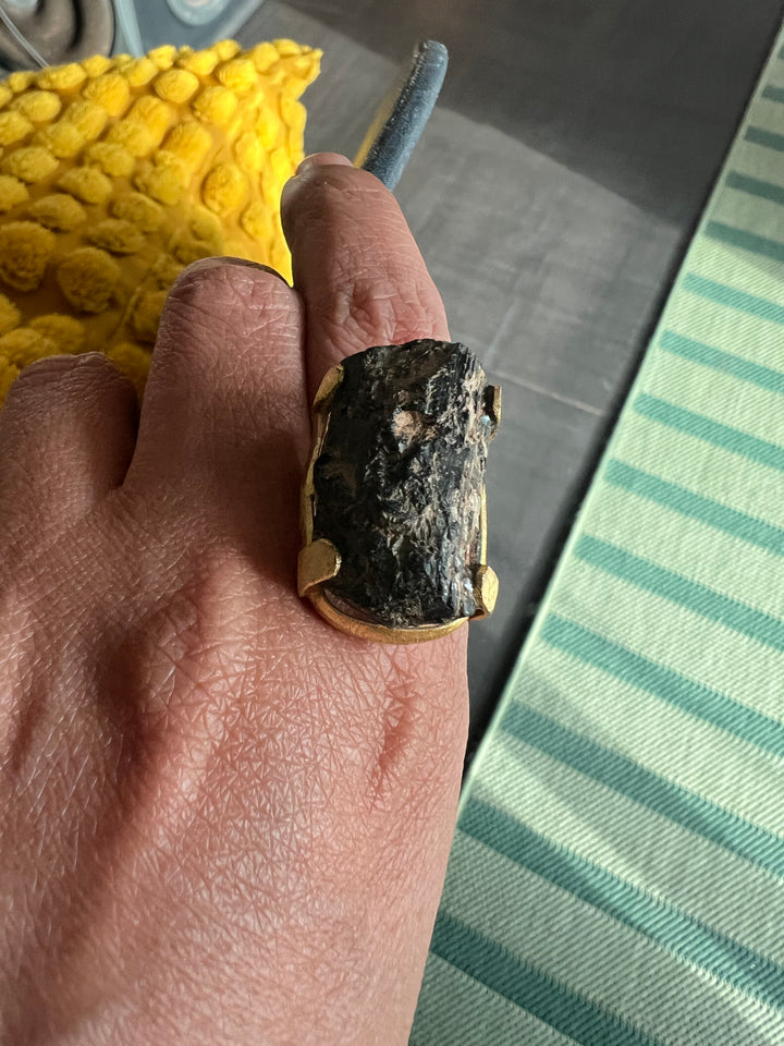 Adjustable Brown Quartz Ring | Natural Stone | Gold Polish