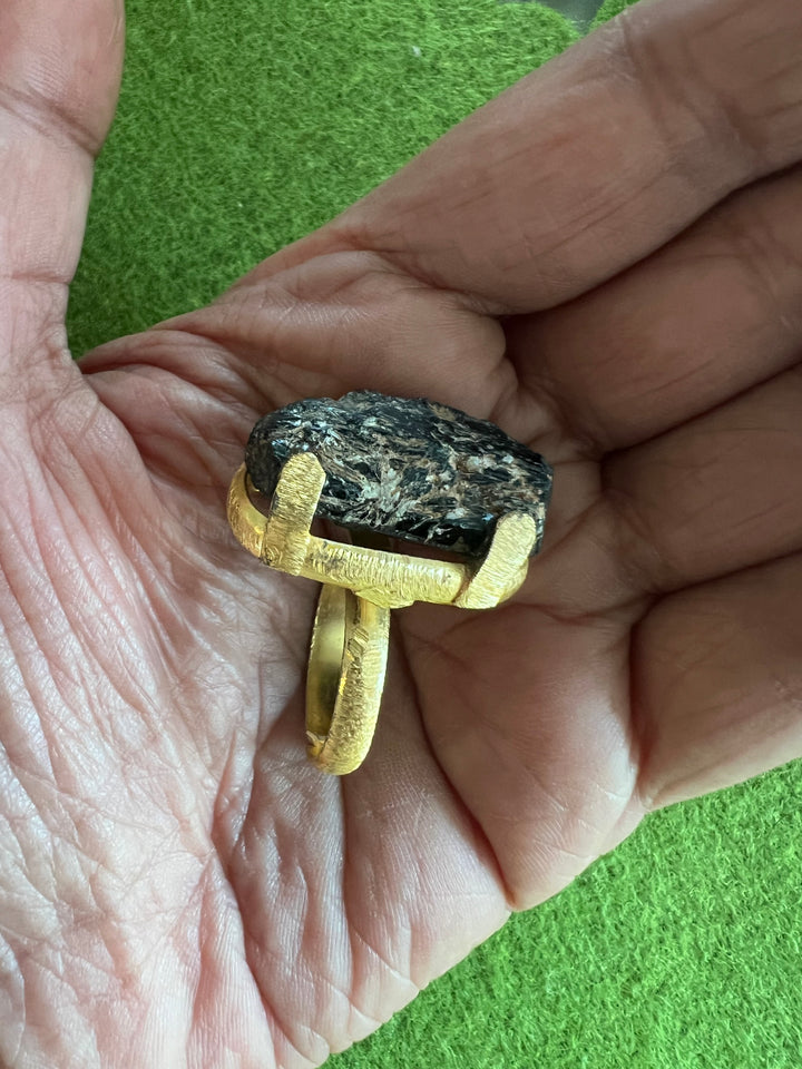 Adjustable Brown Quartz Ring | Natural Stone | Gold Polish