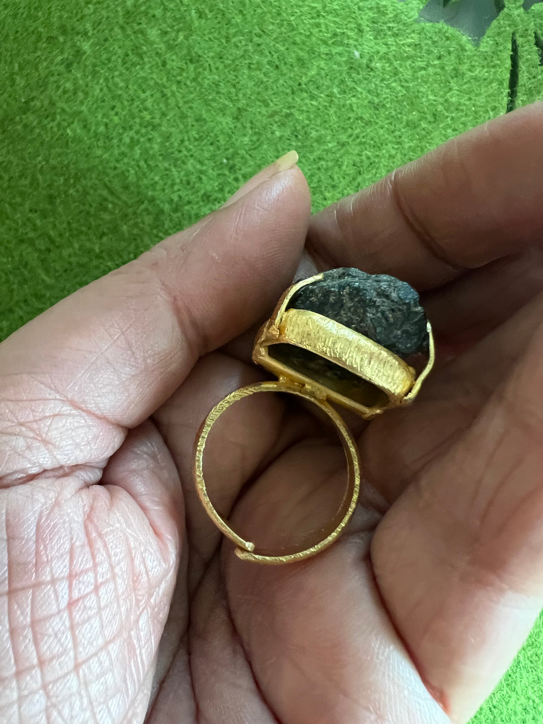 Adjustable Brown Quartz Ring | Natural Stone | Gold Polish