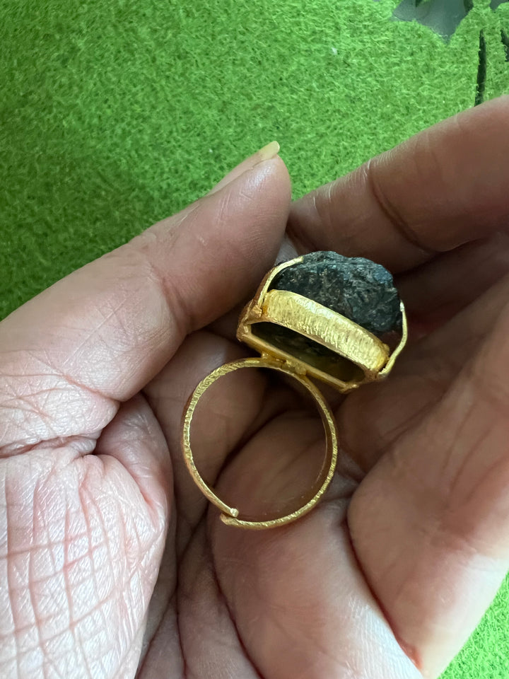 Adjustable Brown Quartz Ring | Natural Stone | Gold Polish