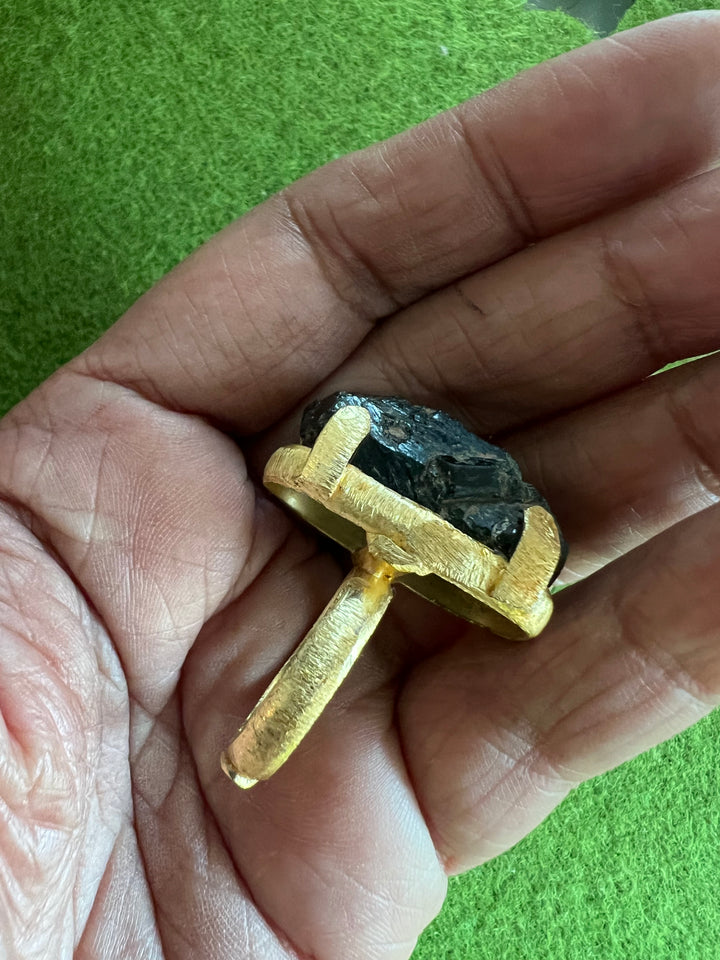 Adjustable Brown Quartz Ring | Natural Stone | Gold Polish