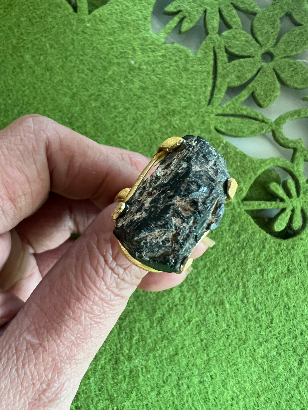 Adjustable Brown Quartz Ring | Natural Stone | Gold Polish