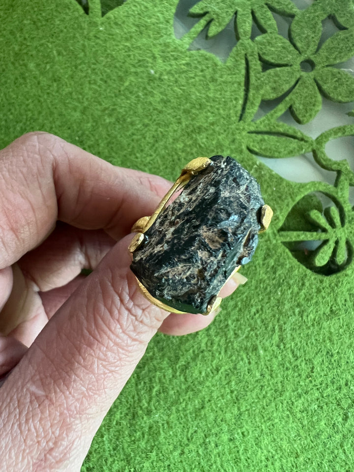 Adjustable Brown Quartz Ring | Natural Stone | Gold Polish