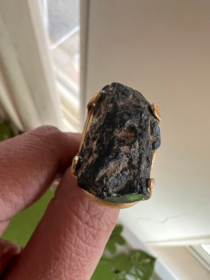 Adjustable Brown Quartz Ring | Natural Stone | Gold Polish