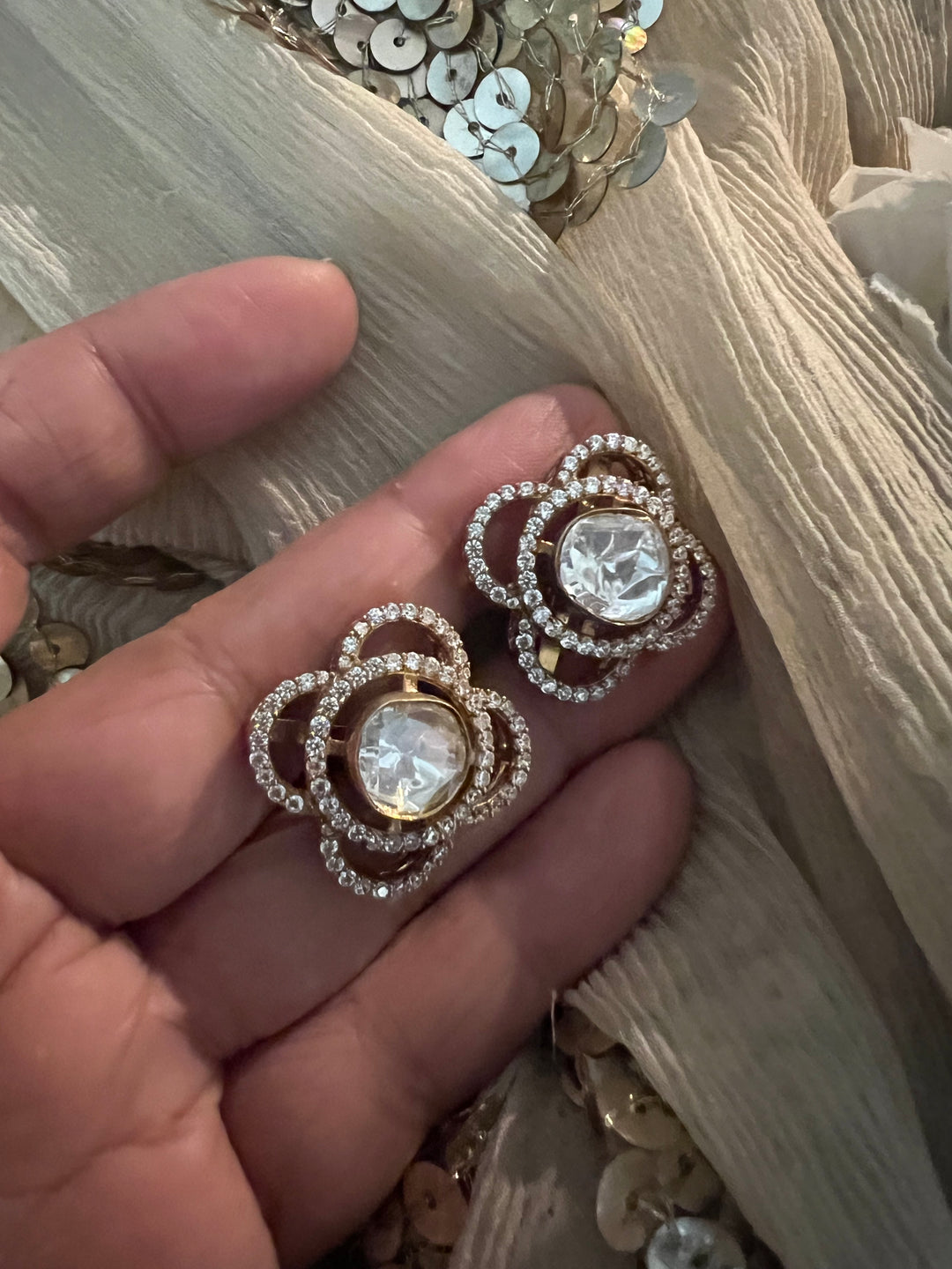 Elegant 925 Silver Polki Studs with Polki Stones & CZ Accents - Handmade