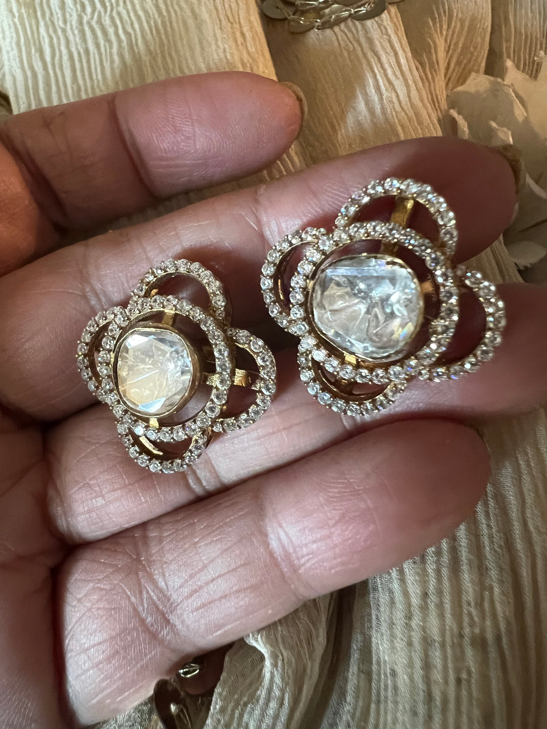 Elegant 925 Silver Polki Studs with Polki Stones & CZ Accents - Handmade