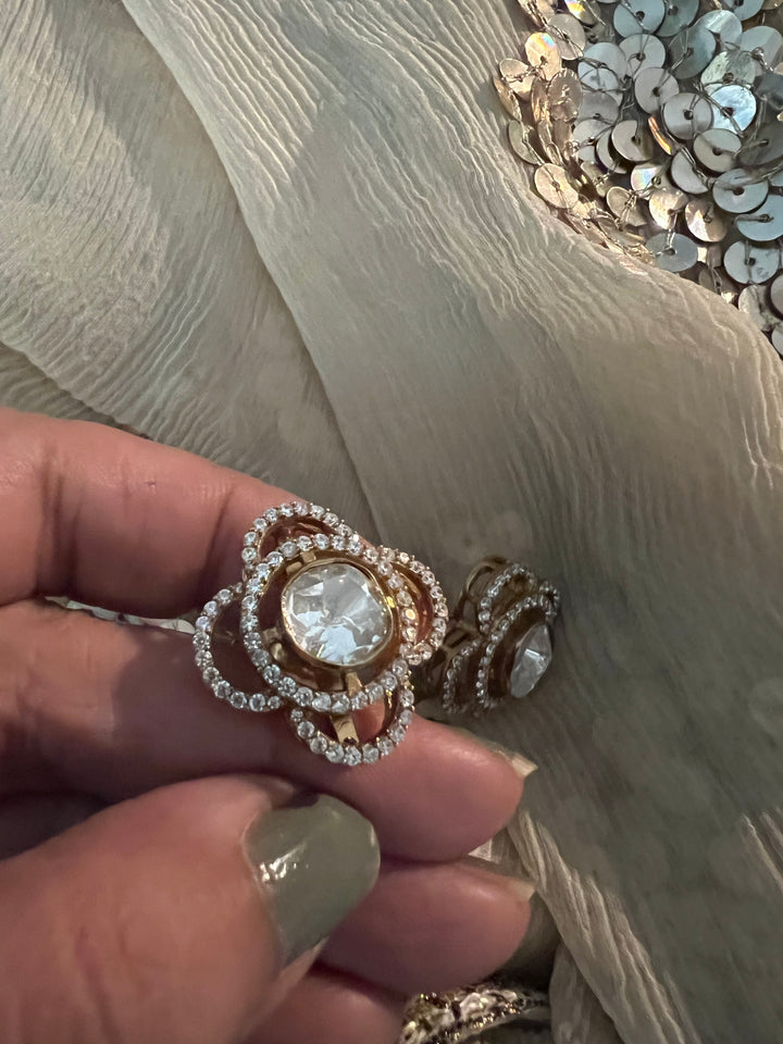 Elegant 925 Silver Polki Studs with Polki Stones & CZ Accents - Handmade