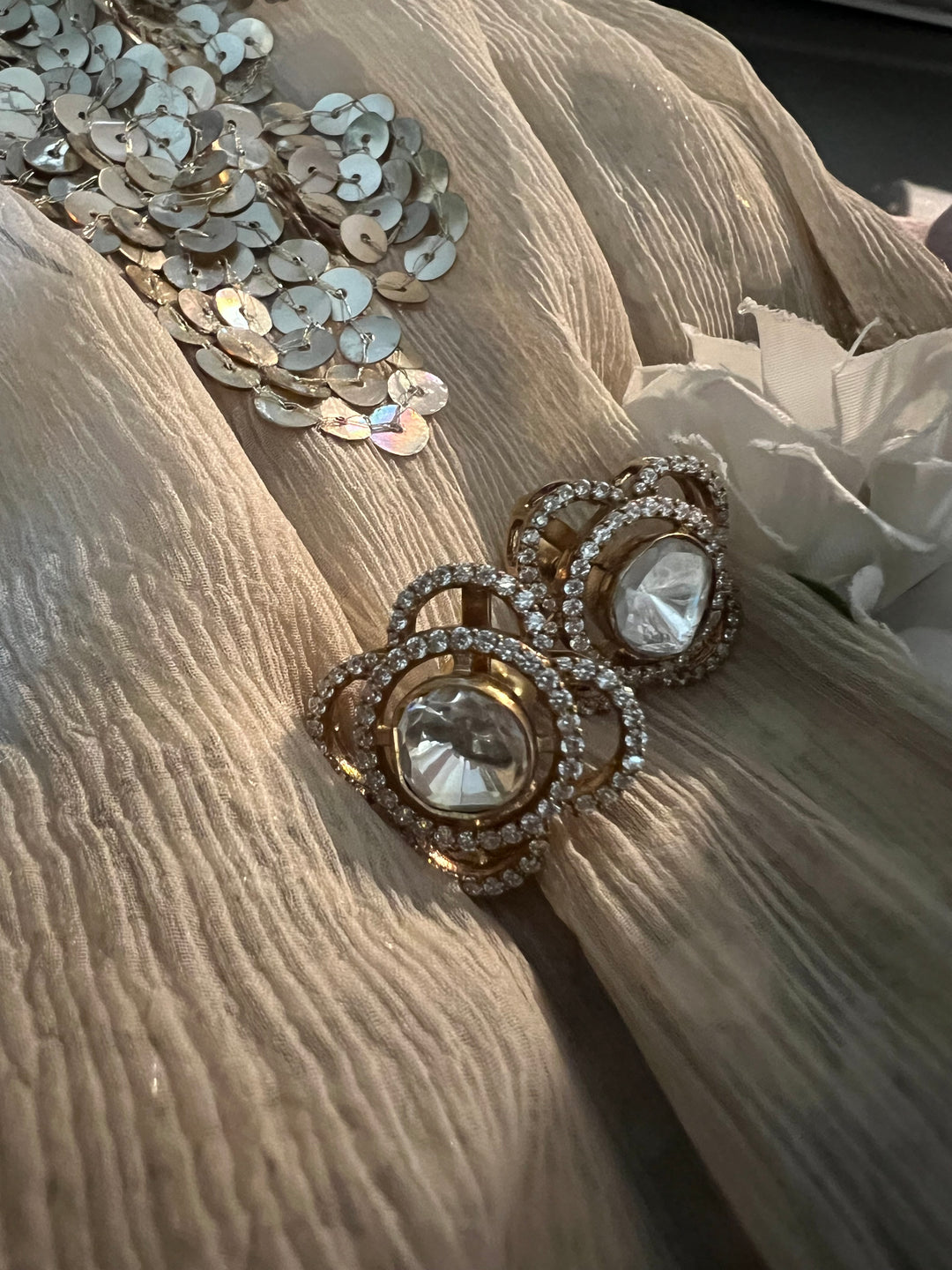 Elegant 925 Silver Polki Studs with Polki Stones & CZ Accents - Handmade