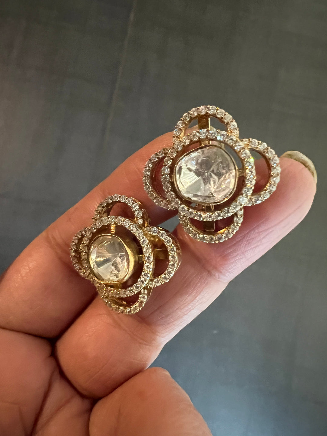 Elegant 925 Silver Polki Studs with Polki Stones & CZ Accents - Handmade