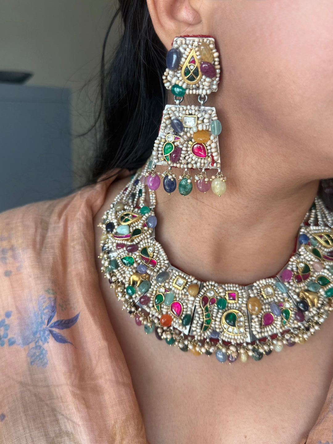 Handmade 925 Silver Nakhra Gemstone Necklace Set | SHIVKA
