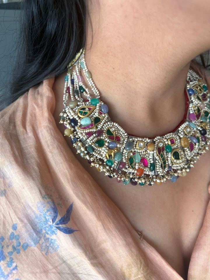 Handmade 925 Silver Nakhra Gemstone Necklace Set | SHIVKA