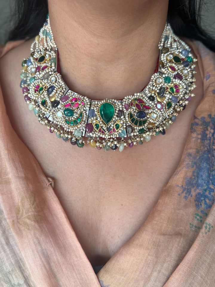 Handmade 925 Silver Nakhra Gemstone Necklace Set | SHIVKA