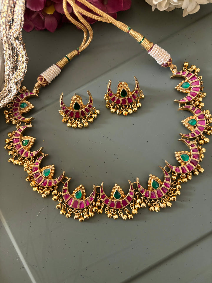 Multicoloured Crescent Kundan Necklace with Earrings