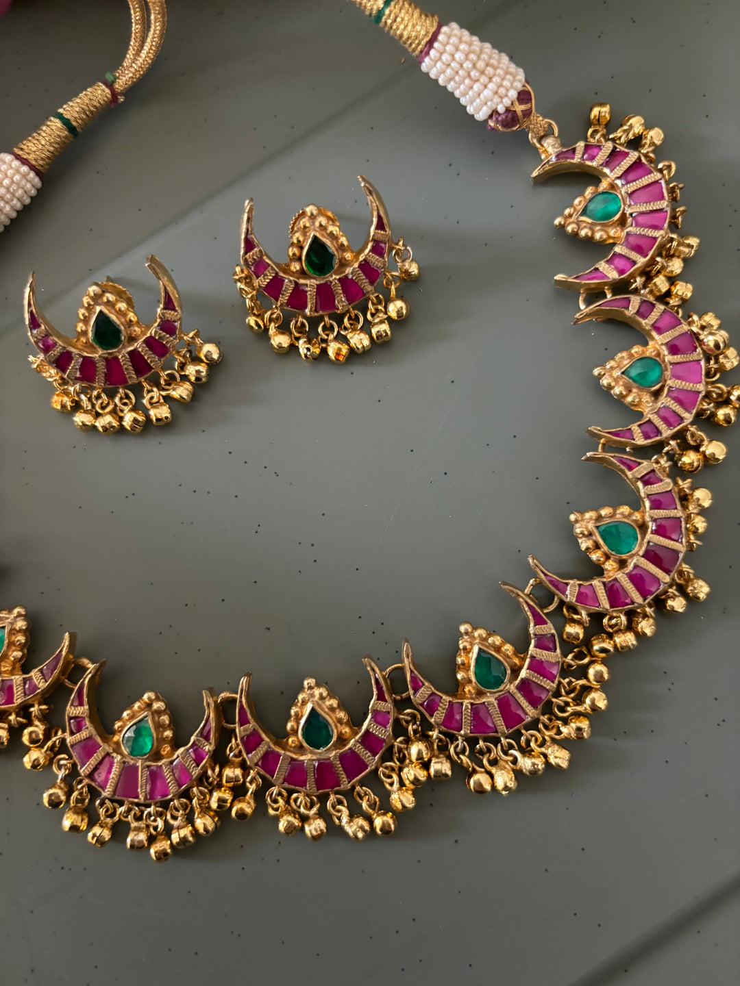 Multicoloured Crescent Kundan Necklace with Earrings