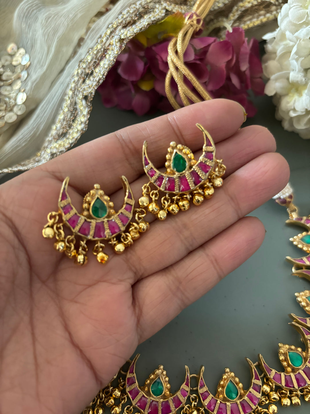 Multicoloured Crescent Kundan Necklace with Earrings