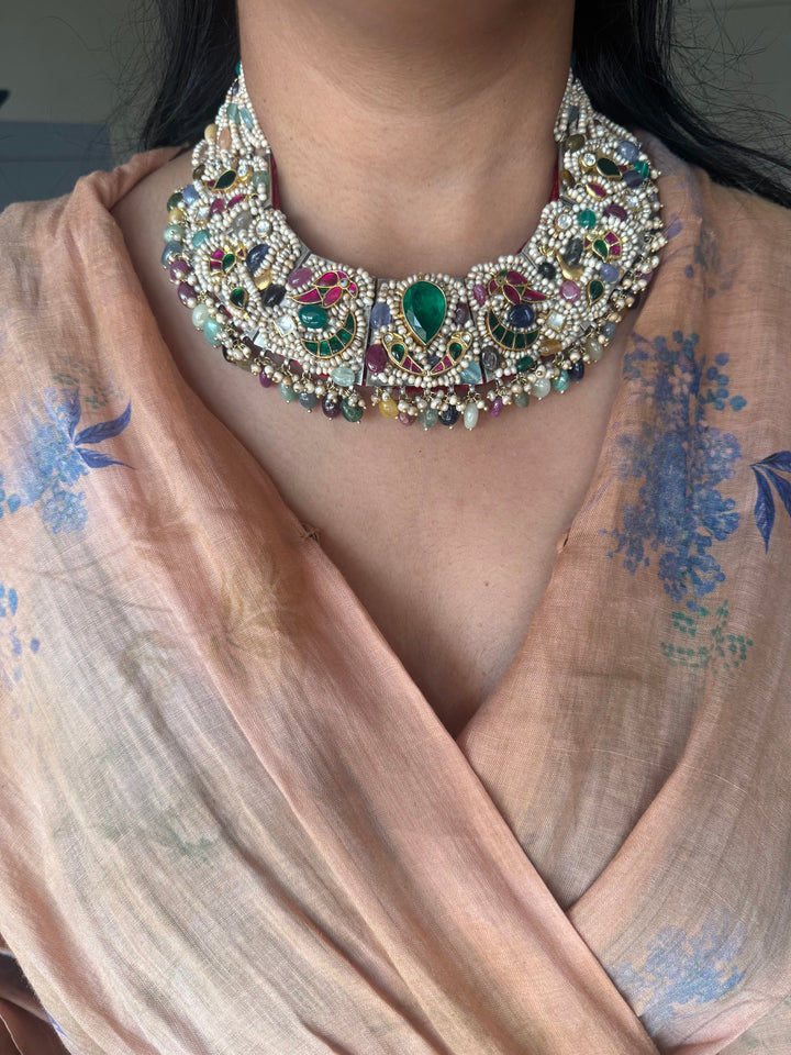 Handmade 925 Silver Nakhra Gemstone Necklace Set | SHIVKA