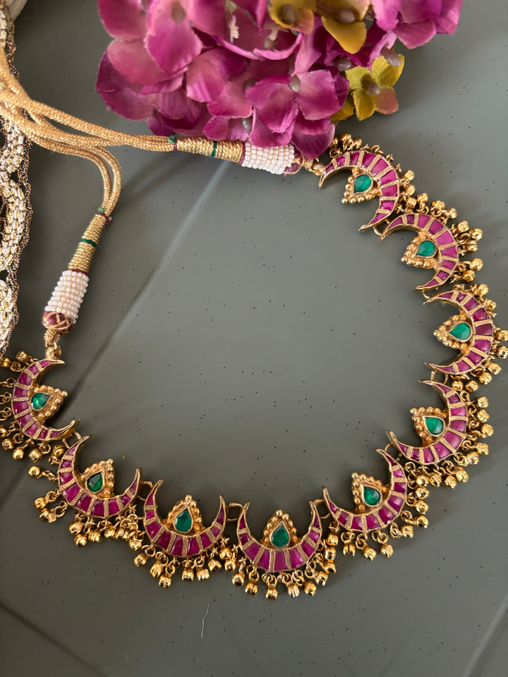 Multicoloured Crescent Kundan Necklace with Earrings