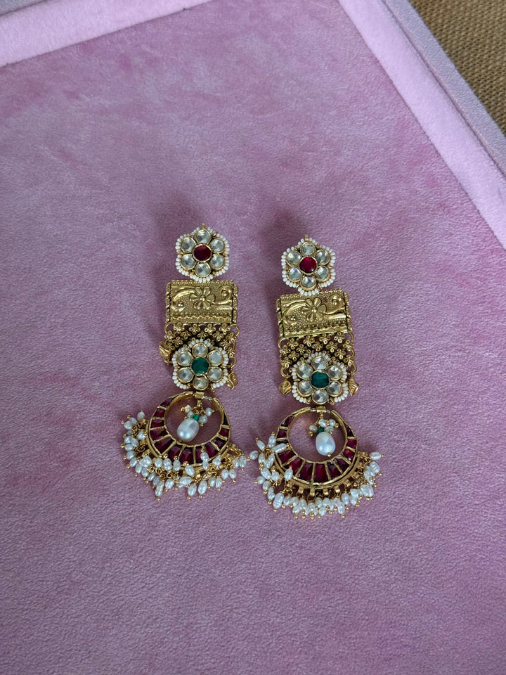 Elegant Jadau Kundan 925 Silver Earrings