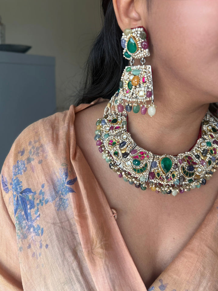 Handmade 925 Silver Nakhra Gemstone Necklace Set | SHIVKA