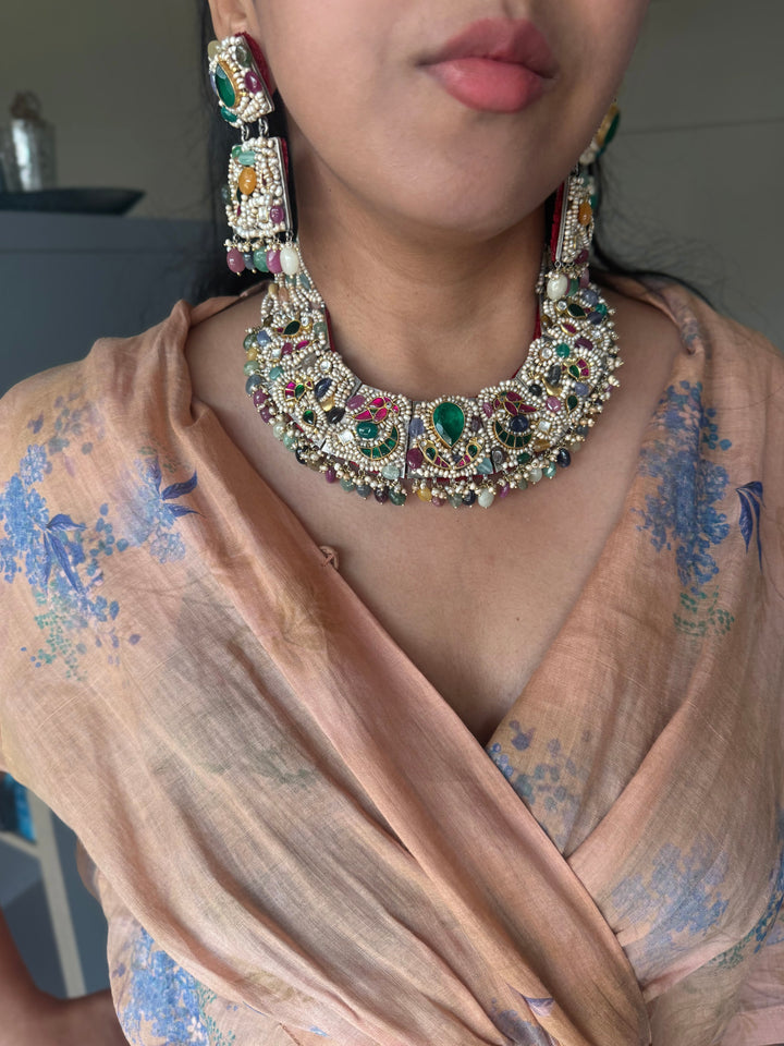 Handmade 925 Silver Nakhra Gemstone Necklace Set | SHIVKA