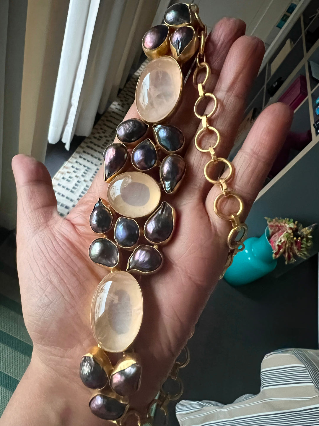 Pink Quartz and Black Baroque Pearl Choker Necklace