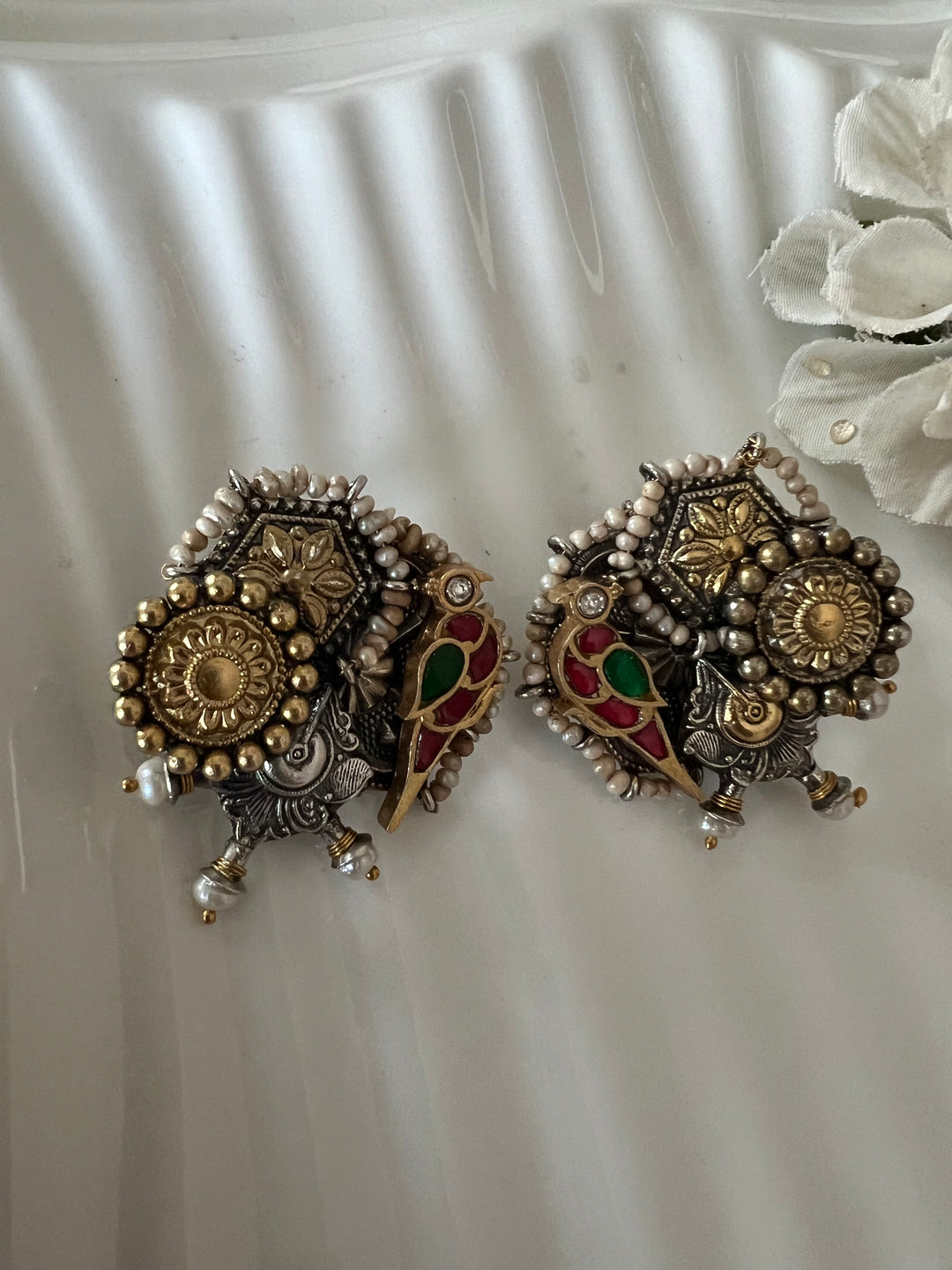 Beautiful Bird Kundan Embellishment 925 Silver Earrings with Dual-Tone Plating & Freshwater Pearls - Handmade