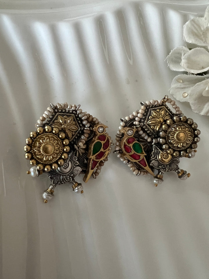Beautiful Bird Kundan Embellishment 925 Silver Earrings with Dual-Tone Plating & Freshwater Pearls - Handmade
